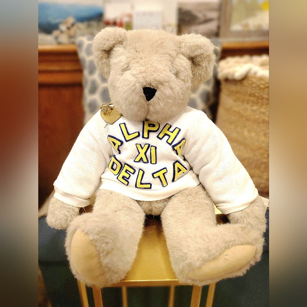 Vintage 1993 Lt Biege Vermont Teddy Bear in Alpha Xi Delta Sweatshirt with Heart